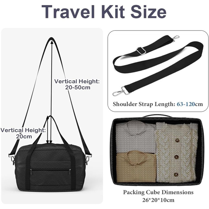 Органайзер для валіз 12 шт., водовідштовхувальний набір пакувальних кубиків, туристичний органайзер для багажу, сімейні подорожі, зберігання вдома (Чорний 1x маленький кубик + 1x 20л складана ручна сумка)