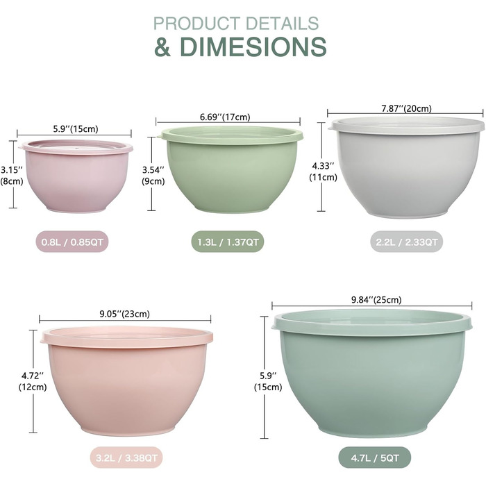 Набір салатниць з кришкою, набір мисок для перемішування з пластику, складні миски для кухні, великий набір мисок, сервіровочні миски ідеальні для змішування та подачі, BPA-free, світло-сірий