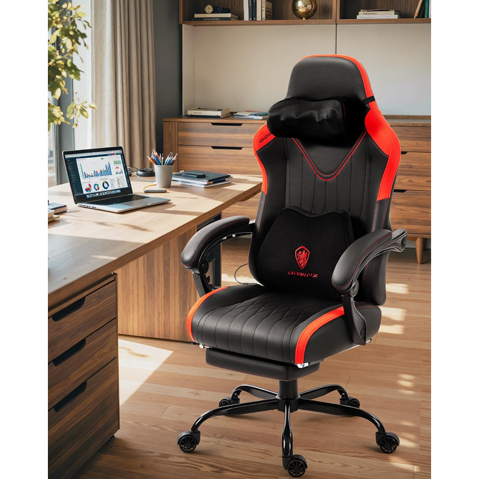 Ігровий крісло Dowinx з масажем, ергономічний дизайн, підтримка попереку та шиї, до 135 кг, шкіра, для дорослих (червоний)