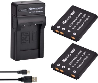 Запасний акумулятор Newmowa EN-EL10 (2 шт.) та портативний USB-зарядний пристрій для Nikon Coolpix S60, S80, S200 та ін.