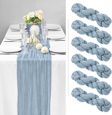 Showgeous 6-Piece Cheesecloth Table Runner Dusty Blue, 90 x 300 cm Table Runner Boho Style Rustic Gauze Fabric Table Decoration for Vintage Wedding, Birthdays, Baby Shower, Holiday Party