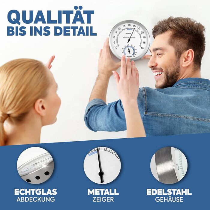 MAVORI® 2-in-1 Stainless Steel Thermometer & Hygrometer | Analog Hygrometer & Thermometer | Humidity Meter & Room Thermometer for a Healthy Indoor Climate | Ø 12.5cm