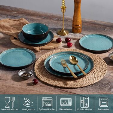 Набір посуду HaWare для 6 осіб, 18 предметів: тарілки, десертні тарілки, миски, стельова глазур, посуд для сервірування столу, блакитний колір, безпечний для мікрохвильовки та посудомийної машини