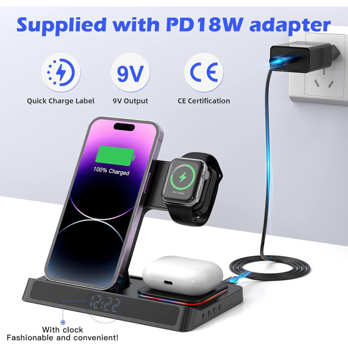 База зарядки 4-в-1 для iPhone та Apple Watch: бездротова зарядка 15W, складна, індуктивна, сумісна з iPhone 16/15/14/13/12/11 Pro SE X XS XR та Apple Watch 9/8/7/6/SE/5/4/3/2, AirPods Pro