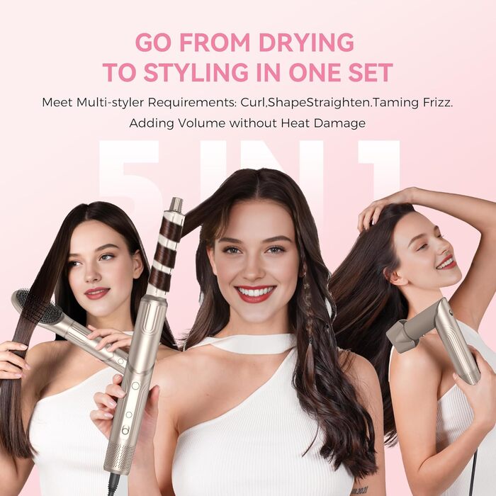 Atopskins 7-в-1 Airstyler: професійний набір для укладки волосся, 110000 обертів/хв, 1400 Вт. Фен-щітка, плойка для локонів, випрямляч, іонізація. Об'єм, сушка, випрямлення, локони (Золотий)