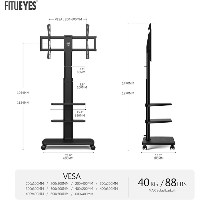 FITUEYES Rolling TV Stand with 3 Shelves - Adjustable Height & Swivel - Fits 32-70 Inch TVs (up to 40kg) - VESA 400x600 - White/Black