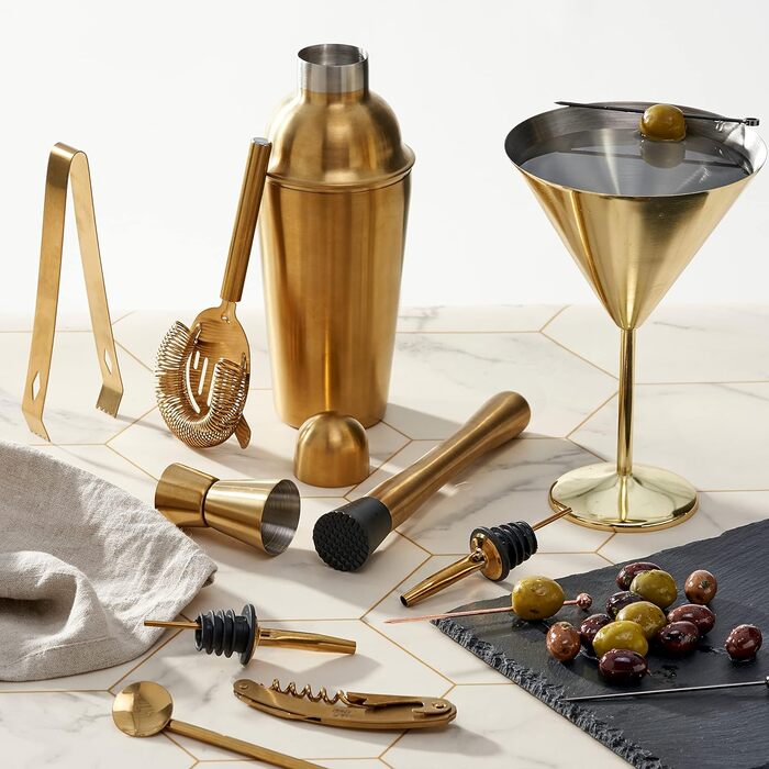 Набір для приготування коктейлів Oak & Steel – 10 предметів, професійний, з нержавіючої сталі, золотий, з рецептами – барменський набір для коктейлів та шотів