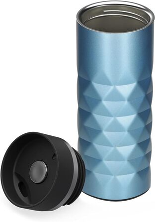 Термокружка Diamond з нержавіючої сталі 450 мл, Aquamarin Blue, з кнопкою, без BPA, витримує гарячі та холодні напої, витікання захищено, матова блискуча поверхня