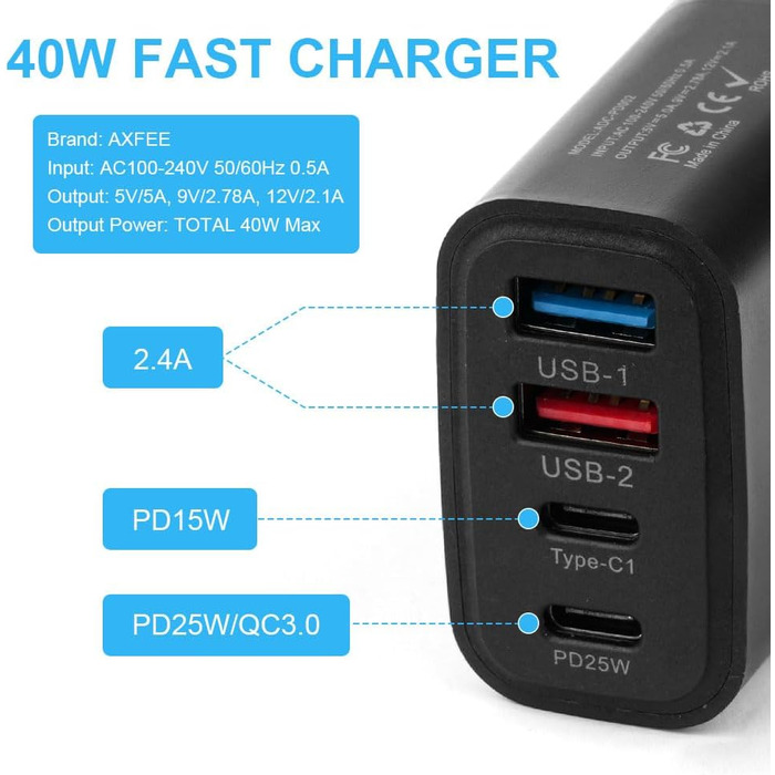 Мережевий адаптер AXFEE 65W з 5 портами: USB-C та USB-A, швидка зарядка PD 3.0, для iPhone 14 Pro Max 13, чорний