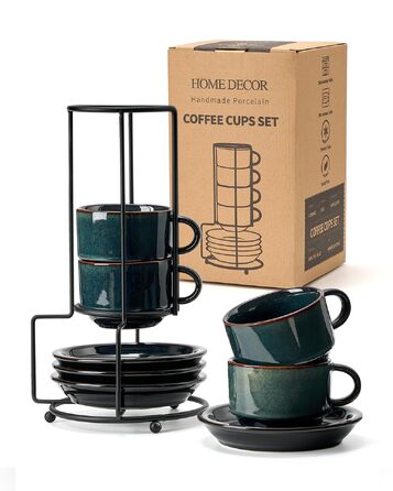 Набір чашок для еспресо HOME DECOR 6 шт (140 мл), з підставками та стійкою, зелений, кераміка - для кави, капучино, лате