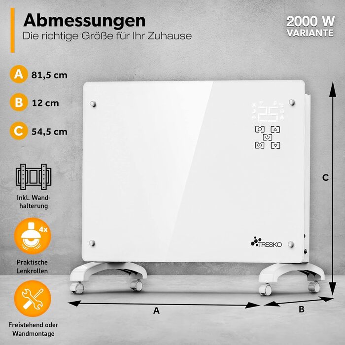Конвектор TRESKO® 2000W з Wi-Fi, LED-дисплеєм та таймером | Електрична скляна панель опалення | Білий | 2000 Вт