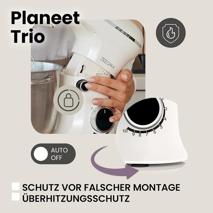 Кухонний комбайн ZEEGMA PLANEET TRIO: планетарний робот, 1500 Вт, 3 чаші (4 л, 4,5 л, 5,2 л), 10 швидкостей, міксер з гаками та вінчиком, кришка з мірним стаканом