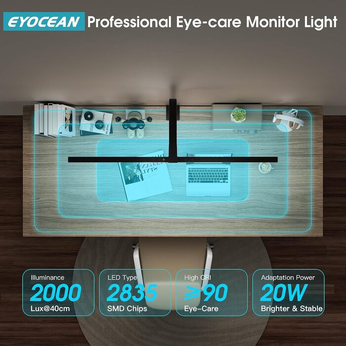 LED лампа настільна з авторегулюванням яскравості, 80 см, кріплення-прищіпка, регулювання колірної температури, захист для очей, денне світло, таймер, матовий чорний