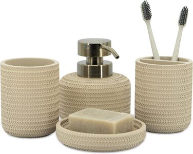 ZCCZ Bathroom Set – 4-Piece Organizer Set with Toothbrush Holder, Soap Dispenser, Cosmetic Bowl, and Cotton Swabs – Elegant Stone-Look Decor, for Modern Bathrooms (Beige 4pcs)