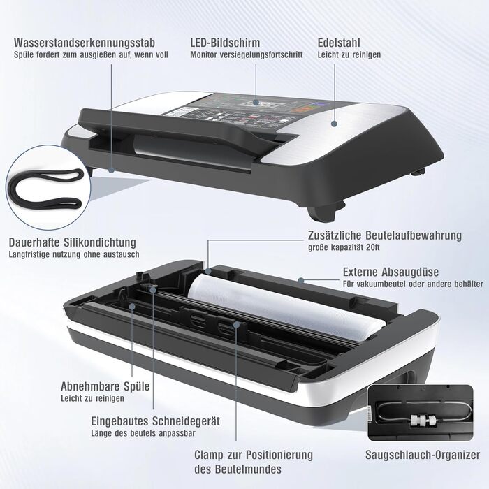 Вакуумний пакувальник OidoZac 85kPa, 12-в-1, з подвійною зварювальною лінією, вбудованим різаком та контейнером для пакетів, срібно-чорний