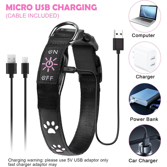 Світловідбиваючий нашийник для собак AUAUY з LED підсвіткою, USB-зарядка, водонепроникний, регульований, для малих, середніх та великих собак, 6 кольорів, Colorful S (30-40 см)