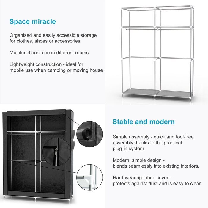 INTIRILIFE Folding Wardrobe 108x170x45 cm in Raven BLACK - Fabric Clothes Closet with Zipper and Clothes Rail, Side Pocket and Compartments - Shelf Unit, Metal Frame, Storage