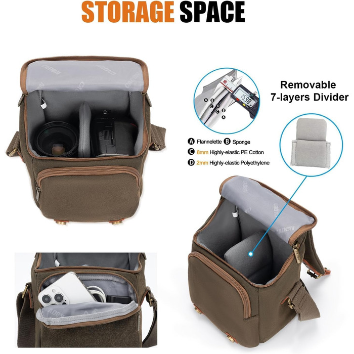 CADeN Ретро сумка для камери на плечі для Sony Canon, водонепроникна, для DSLR та беззеркальних камер, легка та компактна (коричнева)