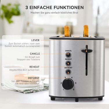KitchenBoss 2-Slice Toaster: Toaster with bun rack and crumb tray, 6 browning levels, stainless steel toaster with automatic shut-off, defrost function, and reheat function, 870W