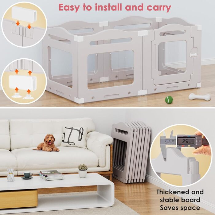 Клітка для цуценят з акрилу 60 см, 7 шт. + 1 вольєр для собак з дверцятами, без решіток, для дому, з присосками, прозора, теплий сірий (5+1)