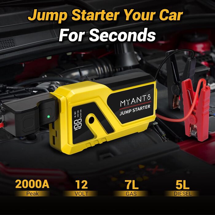 Powerbank з компресором та пусковим пристроєм 12V для автомобіля, LED-ліхтар, швидка зарядка, для двигунів до 10.0L бензину та 8.0L дизеля (Жовтий)