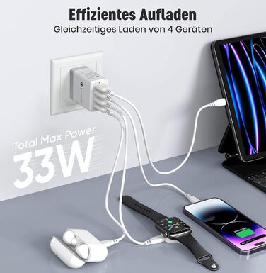 Мережевий адаптер USB 33W з 4 портами, швидка зарядка QC 3.0, для iPhone 16/15/14/13/12/11, Samsung, iPad та інші пристрої