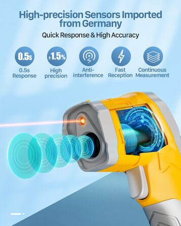 Інфрачервоний термометр Eventek -50°C ~ 600°C з лазером, регулюванням випромінювання та LCD-дисплеєм для гриля, піци, кухні та промисловості (жовтий)