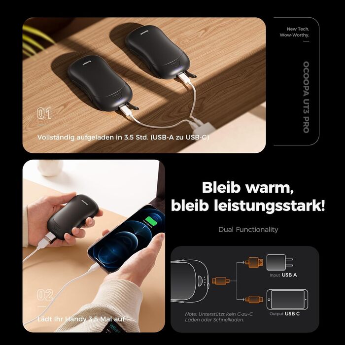 Електричні грілки для рук OCOOPA UT3 PRO (2 шт), 10000mAh, USB Powerbank, 4 режими нагріву, до 58°C, для чоловіків, ідеально для гольфу, полювання та кемпінгу, чорний