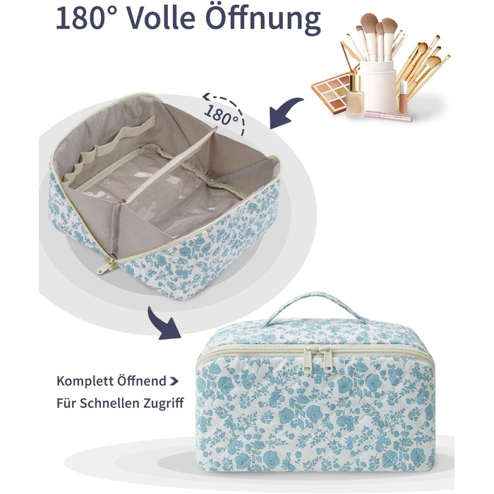 Косметичка для подорожей Wandering Nature для жінок з відділенням для пензликів, водонепроникна, велика, з перегородкою та ручкою (блакитна квітка)
