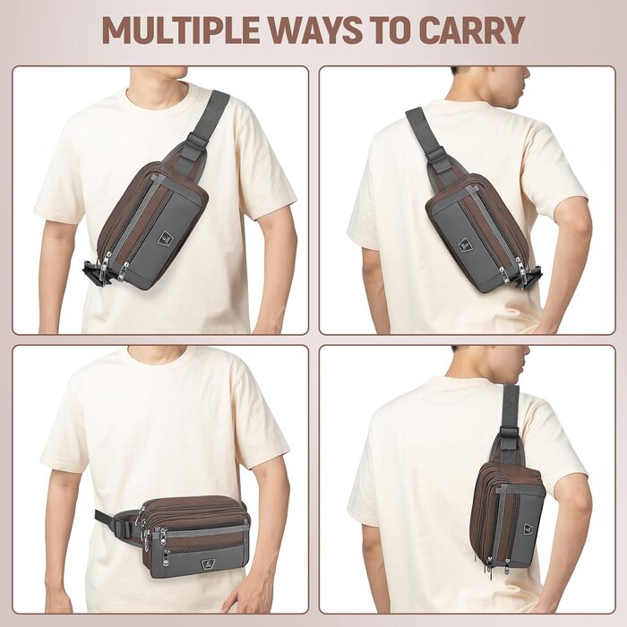 Поясна сумка на пояс для чоловіків та жінок з 7 кишенями на блискавці. Ідеальна для спорту, фітнесу, бігу, велоспорту, подорожей та кемпінгу. Колір: кавовий