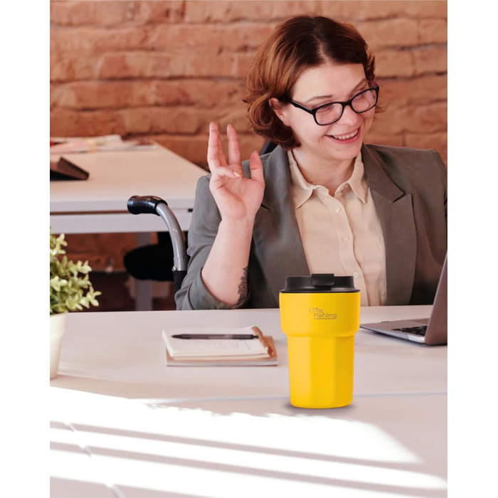 Термокружка 350 мл з кришкою, що не пропускає, з нержавіючої сталі для кави, чаю та напоїв на виніс (Жовтий)