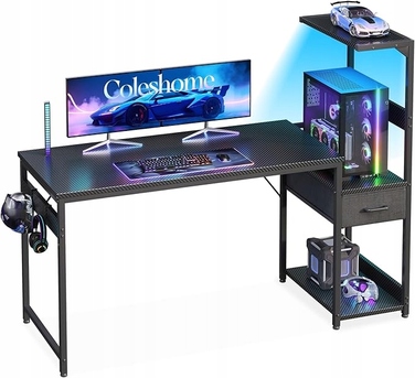 Ігровий стіл з RGB-підсвіткою та стелажем з полицями, функціональний та сучасний, 138x48 см