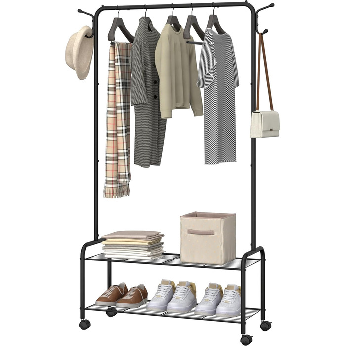 Clothes Rack with 2-Tier Shelf, 3-in-1 Design, Clothes Stand with 4 Wheels, Coat Rack with 4 Hooks for Bags, GR07499A (Black)