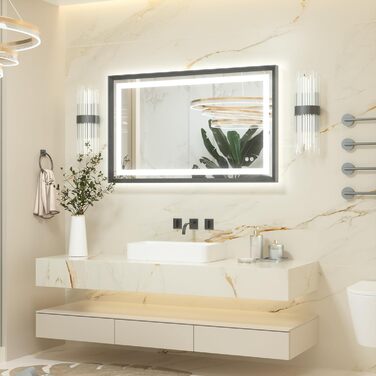 Дзеркало для ванної кімнати Keonjinn з підсвічуванням, чорний металевий каркас 60x80 см, LED, сенсорне керування, 3 кольори світла, регулювання яскравості, антивсмогування, настінне