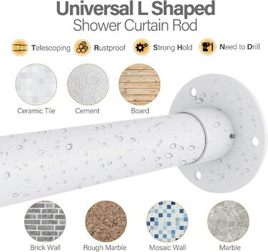 Кутова душова штанга L-подібної форми, регульована, з 12 гачками та підставкою для стелі – 99,1 см – 175,3 x 149,3 см – 215,3 см (білий)