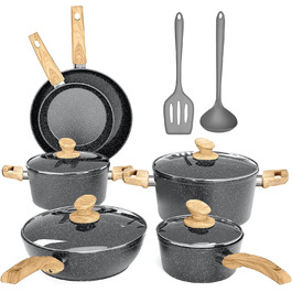 Набір посуду DishDelight 12 шт: сковороди та каструлі з антипригарним покриттям, підходить для індукційних, газових плит та мікрохвильовки, сірий