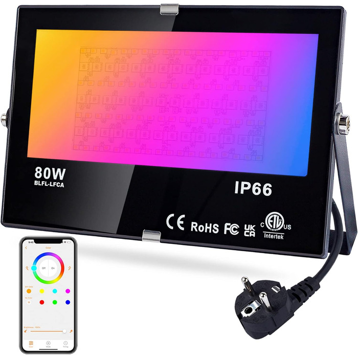 DUSKTEC LED Floodlights Outdoor RGB, Colorful Floodlight 80W, Dimmable Outdoor Floodlight with APP, Outdoor Bluetooth Floodlight with Plug Color Changing Warm White, Tree Floodlight IP66 Waterproof for Garden