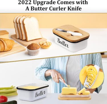 Butter dish with lid and butter spreader knife for countertop - Unbreakable metal container with high-quality double silicone seal, for kitchen farmhouse decor