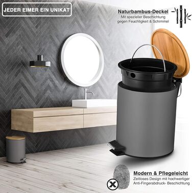 Смітник для косметики VMbathrooms на 3-5 л з педаллю, бамбуковою кришкою та системою Soft-Close, сірий матовий