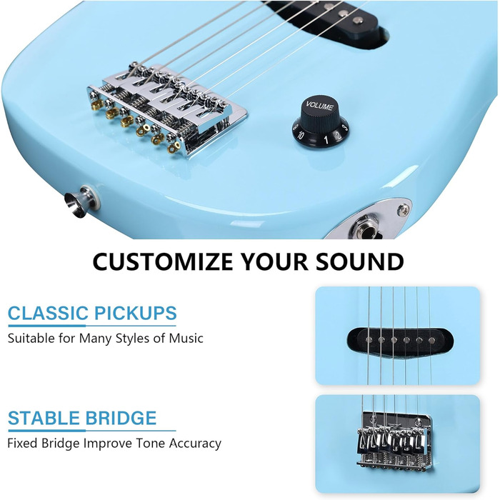 Електрогітара WINZZ EGM100 30 дюймів для дітей, праворукі, блакитна (початковий набір)