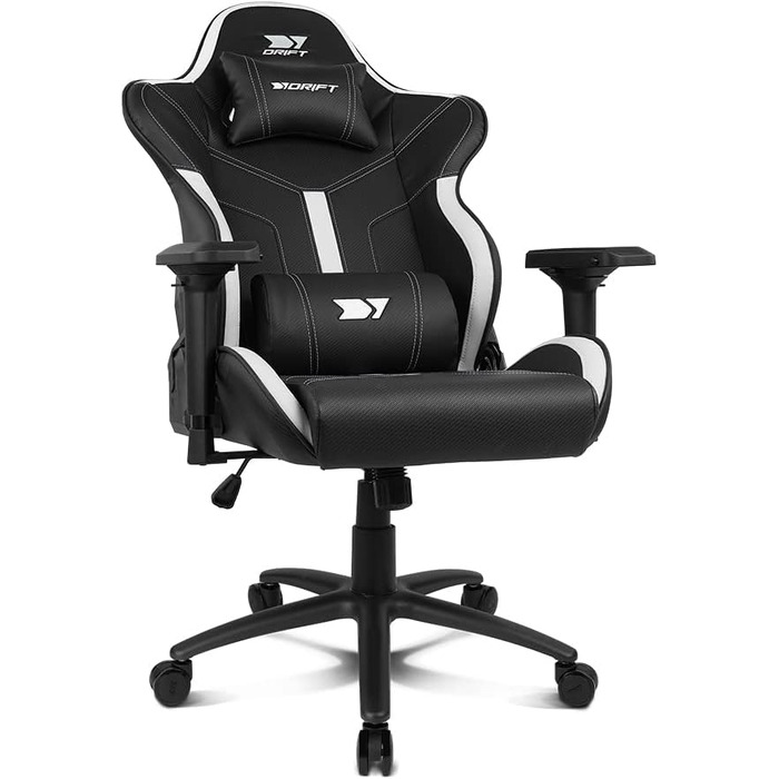 Професійне ігрове крісло DRIFT GAMING DR350 ергономічне, з 4D-підлокітниками, подушками під поперек та шию, нахил 135°, безшумні колеса, чорно-біле