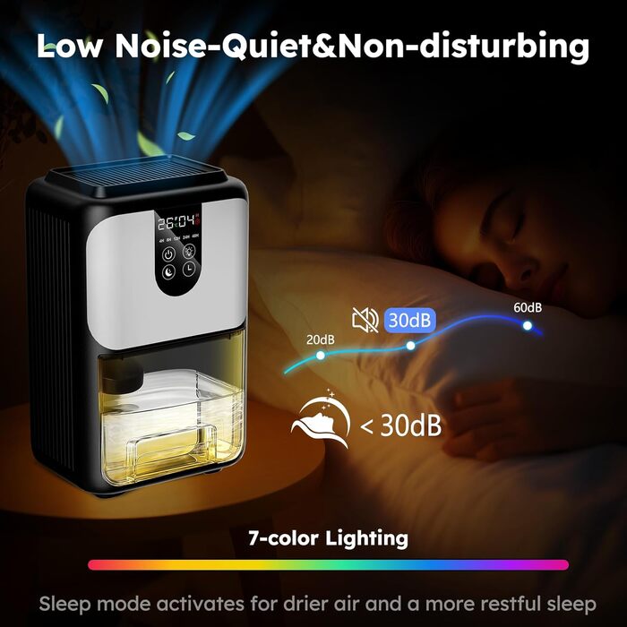 Електричний осушувач повітря 1800 мл з автовимкненням, тихий осушувач для дому з 7 кольоровою підсвіткою, таймером 48 годин - ідеальний для спальні, ванної кімнати, підвалу, кемперу та шафи. Сірий колір.