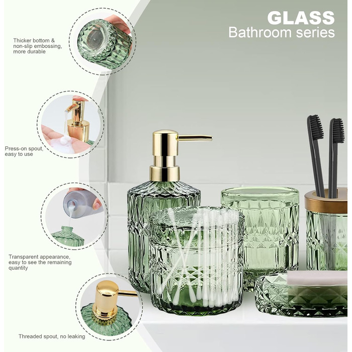 Bathroom Set, 5-Piece Glass Bathroom Accessory Sets including Lotion Dispenser, Soap Dish, Toothbrush Holder, Cup, Cotton Swabs, Modern Bathroom Decoration, Vintage Gift, Bathroom Decor Set (Green)