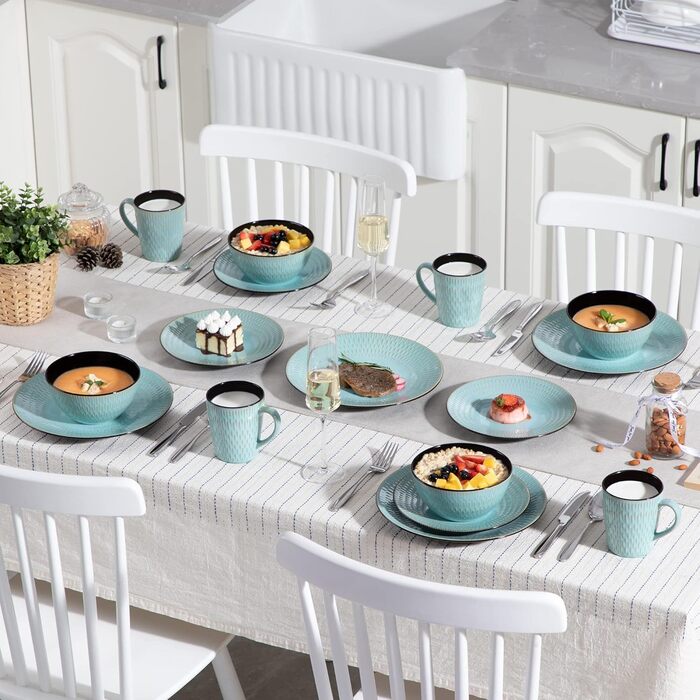 Stoneware Combination Service, vancasso GUTO Tableware Service, 48-piece Dinnerware Set with 12 Dinner Plates, Dessert Plates, Bowls, and Cups for 12 People