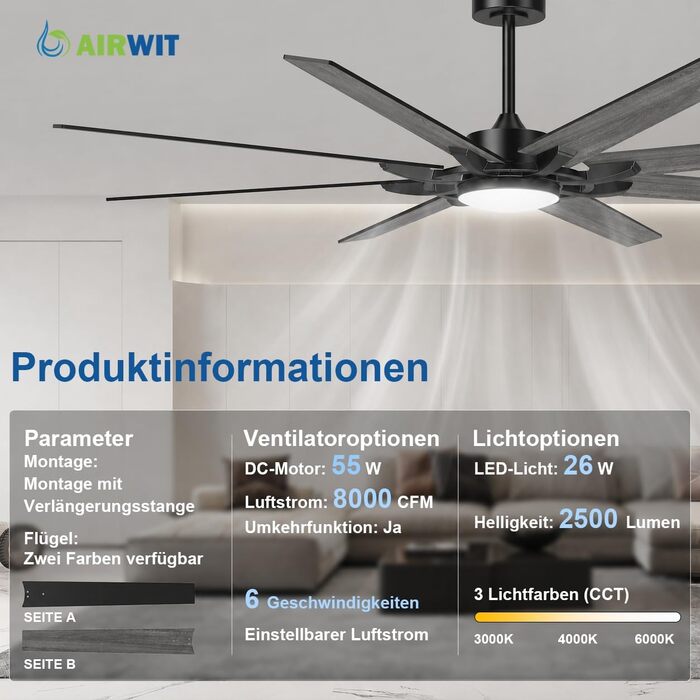 Стельовий вентилятор Airwit 183 см з підсвіткою та пультом керування, великий безшумний вентилятор у стилі індустріал для вітальні, спальні та тераси, чорний/темне дерево