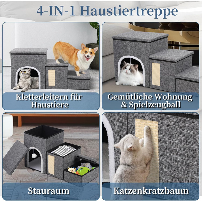 Сходинки для собак Upgrade XL, сірі, 90x35x43 см, 3 сходинки, для великих собак, котів, ліжка, дивана