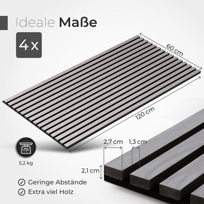 Акустичні панелі з натурального дерева (набір 4 шт) 120x60x2.1 см, шпон груші та чорний акустичний фліс, 3D стінні панелі для шумоізоляції та декору інтер'єру