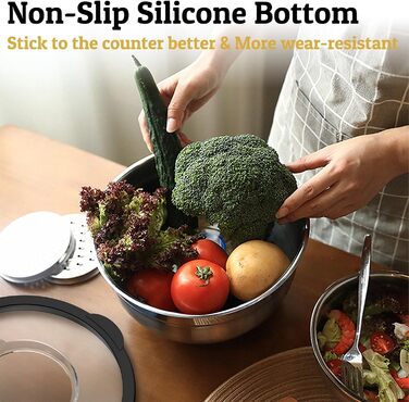 Набір мисок Deedro з прозорим кришками (5 шт.) – 4.7L/2.8L/1.9L/1.4L/0.63L | Миски для перемішування, салатники, набір мисок | Нековзні, складані, придатні для миття в посудомийній машині | Включено тертку (Чорний)