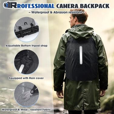 Рюкзак для фотокамери RAINSMORE з відділенням для ноутбука 14 дюймів, сірий. Підходить для Canon, Nikon, Sony (DSLR, SLR)