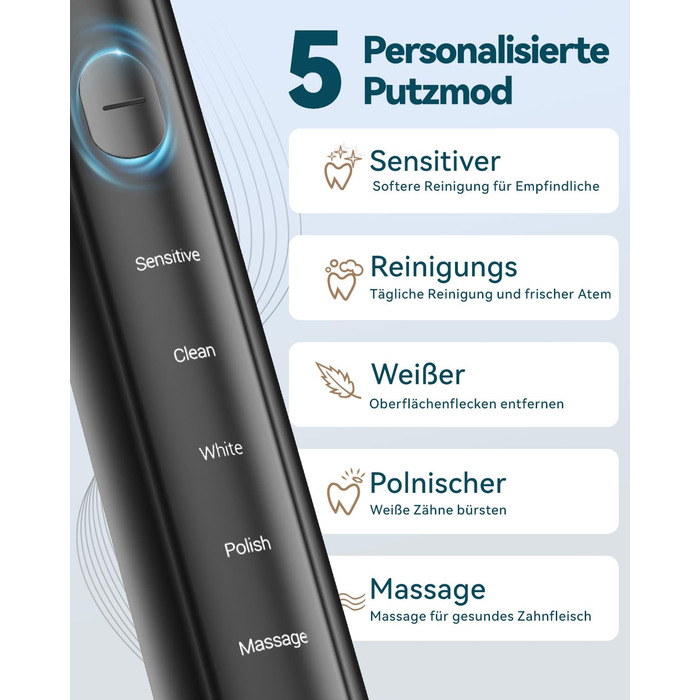 Електрична звукова зубна щітка для дорослих - відбілювання, ультразвукова, з кейсом для подорожей та зарядною станцією, 8 насадок, 5 режимів чищення (Чорна)